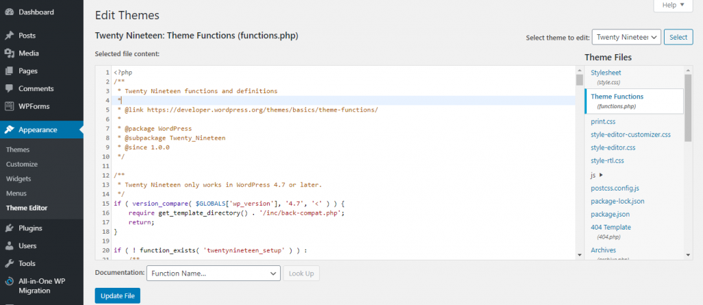 A screenshot showing how to edit theme in WordPress