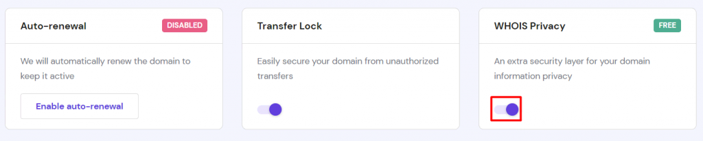 The WHOIS Privacy feature on hPanel