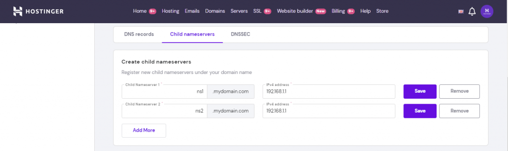 A screenshot showing how to create child nameservers in hPanel's domain management 