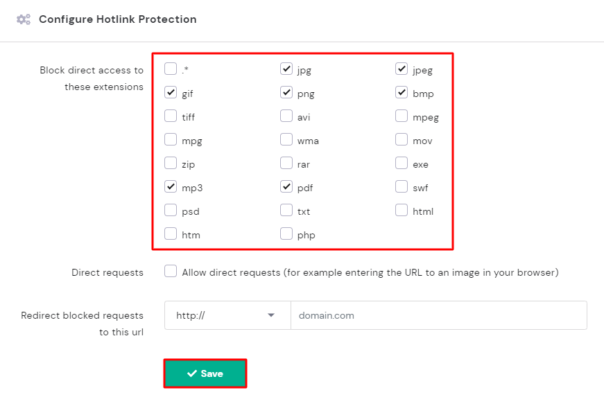 A screenshot showing how to configure hotlink protection in hPanel