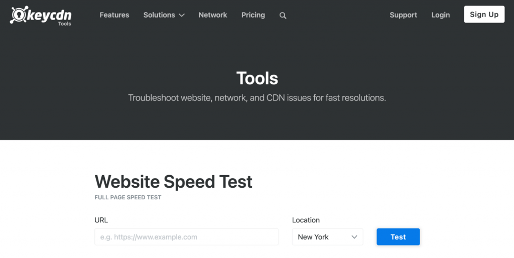 KeyCDN site speed test homepage