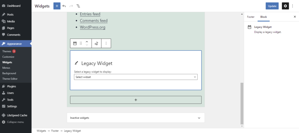 Screenshot of the legacy widget block