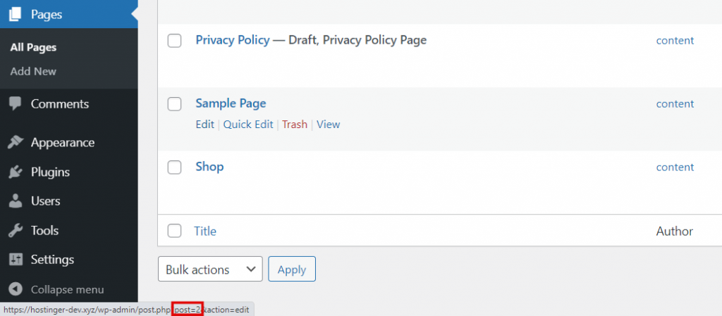 Pages section, highlighting the page ID.