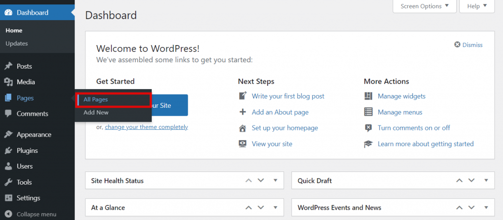Pages section of the WordPress dashboard.