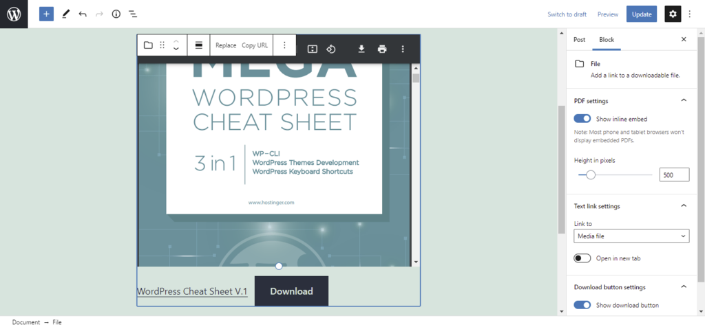 Screenshot of the PDF embedder block