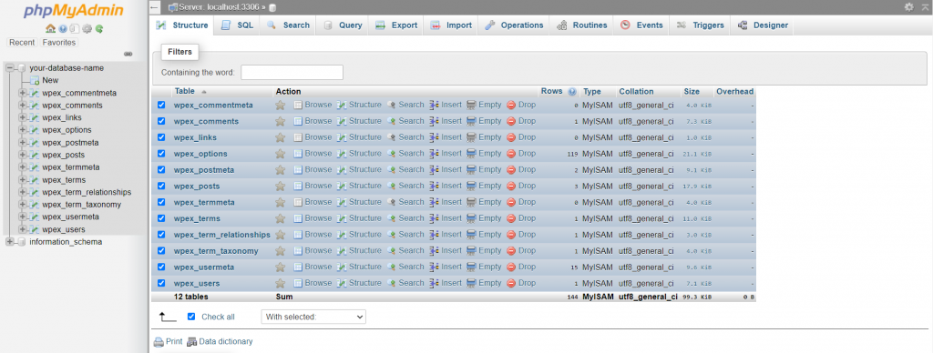 Fenêtre phpMyAdmin montrant les tables de la base de données
