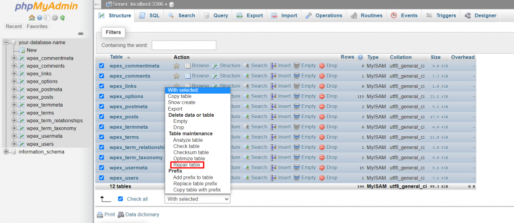 phpMyAdmin window showing how to repair table