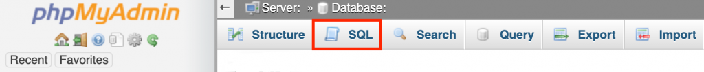 phpMyAdmin dashboard highlighting the SQL option in the menu bar