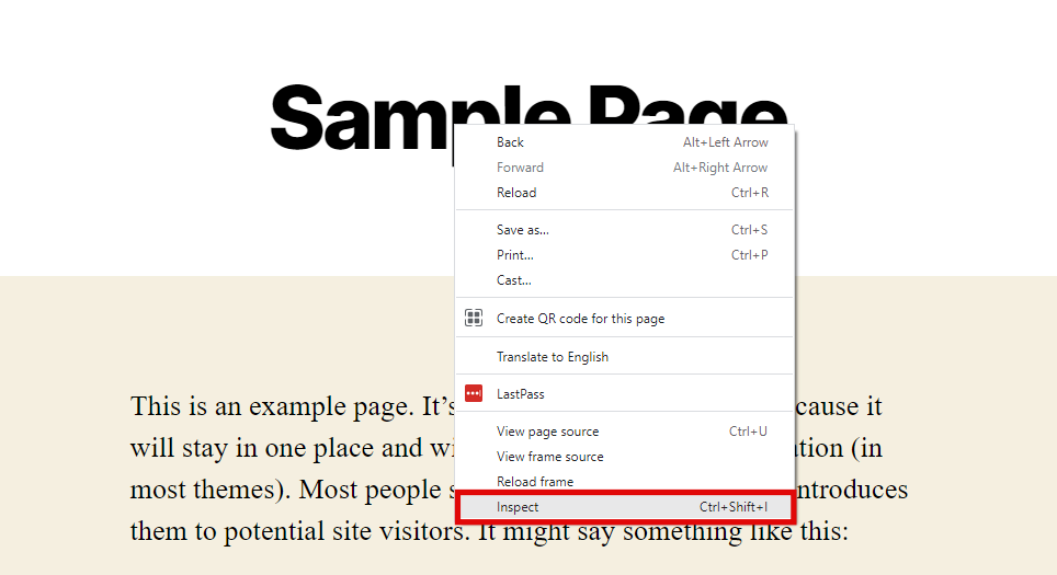 Right-click the page to find the Inspect element.