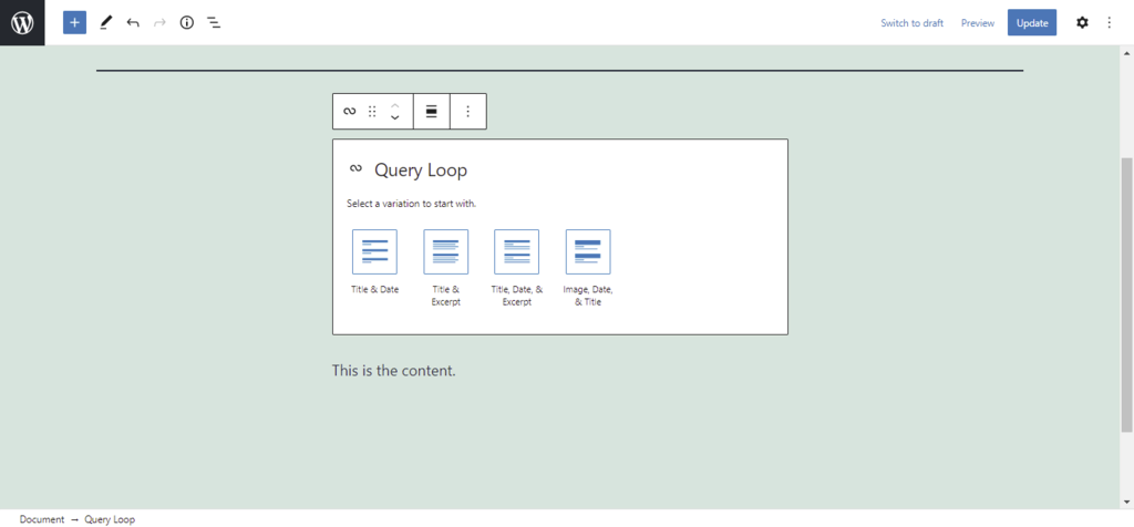 Screenshot of the Query Loop block options