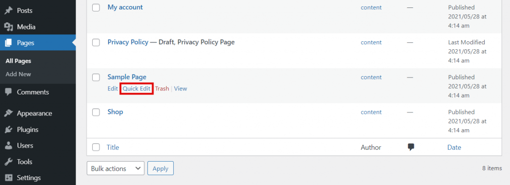 WordPress pages section, highlighting the Quick Edit button.