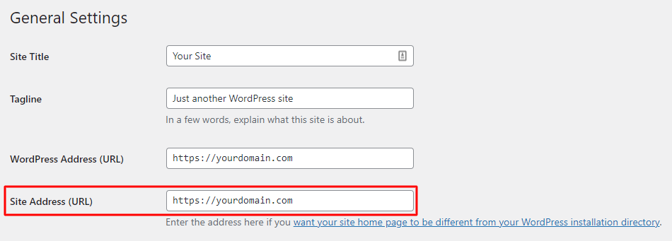 WordPress dashboard General Settings menu with Site Address (URL) option highlighted