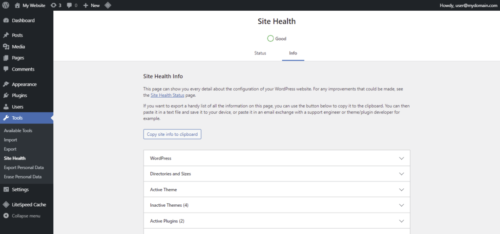 Screenshot showing the site health info tab