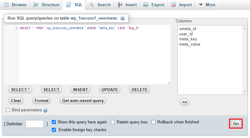 A screenshot showing how to enter the wp_ values code in the SQL query editor