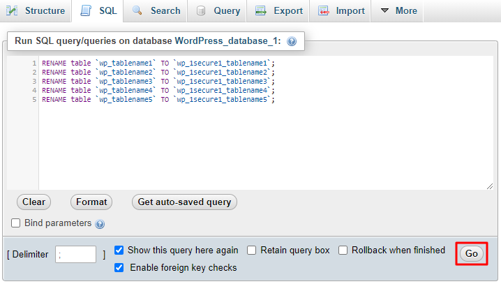 A screenshot showing how to edit wp_tablename in the SQL query editor