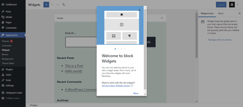 Screenshot of the template editor's block widgets startup screen