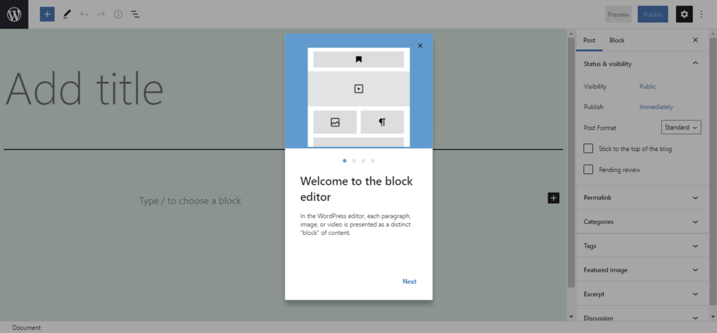 Screenshot of the WordPress Template Editor startup screen