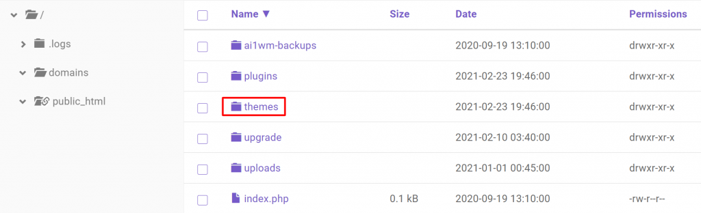 Themes folder in hPanel's wp-content 
