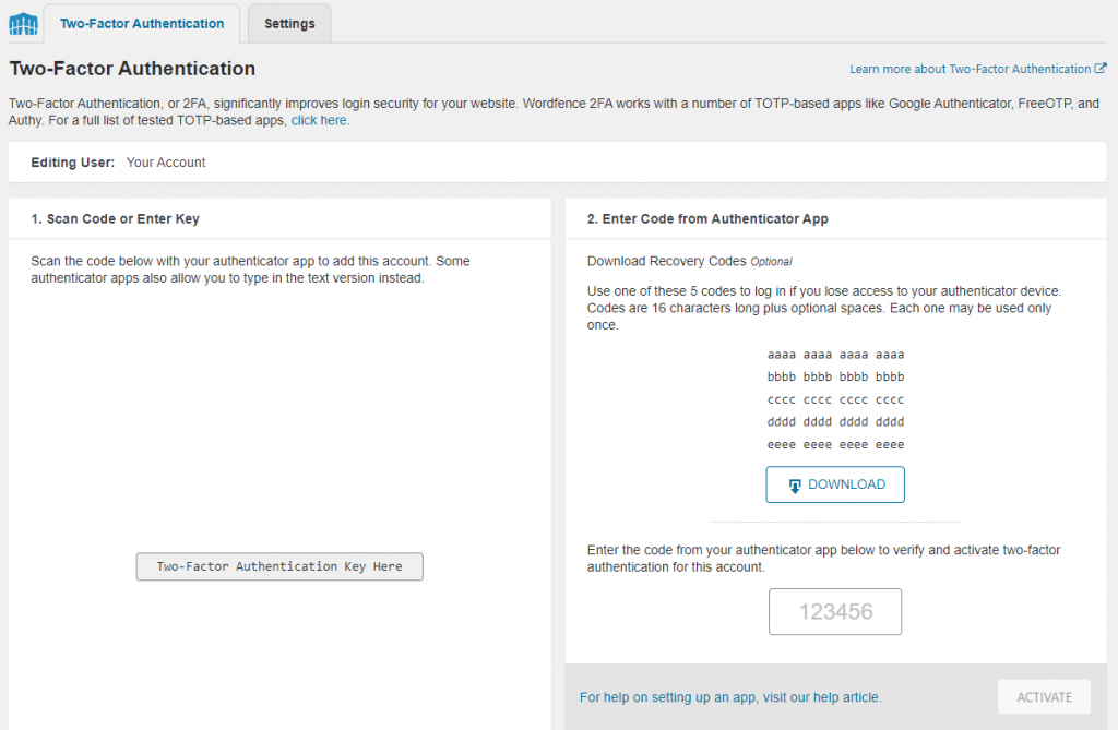 Two factor authentication section in WordPress
