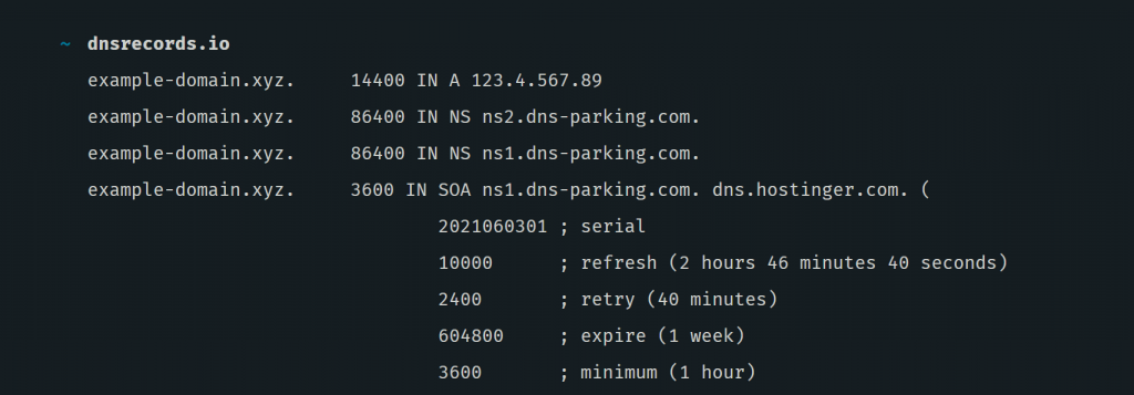 Une fenêtre montrant les enregistrements DNS du site web et la valeur de l'enregistrement A.
