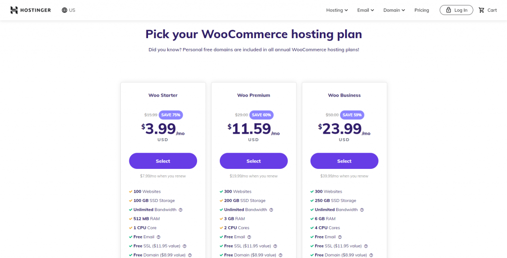 Hostinger's WooCommerce hosting plans