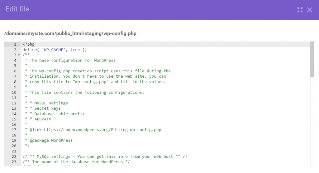 wp.config.php file in hPanel.