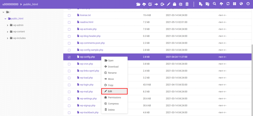 Site files window showing where is your wp-config.php file and where to press Edit
