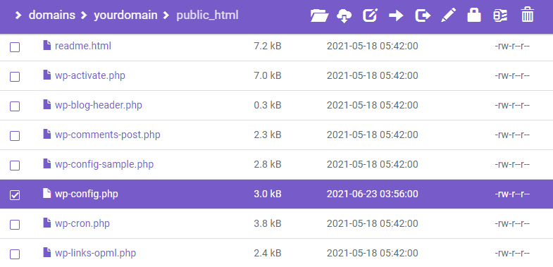 Wp-config.php file in the public_html folder as shown in hPanel