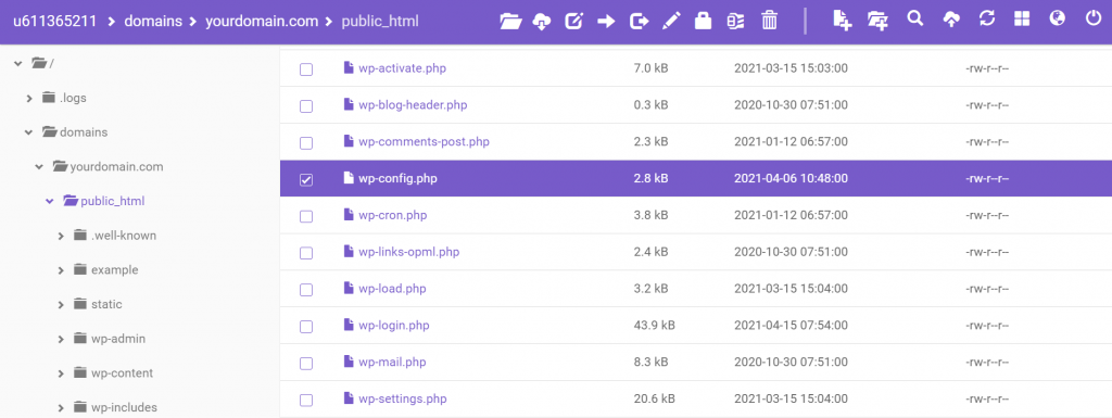Screenshot of the File Manager showing where to find public_html and wp-config.php files.