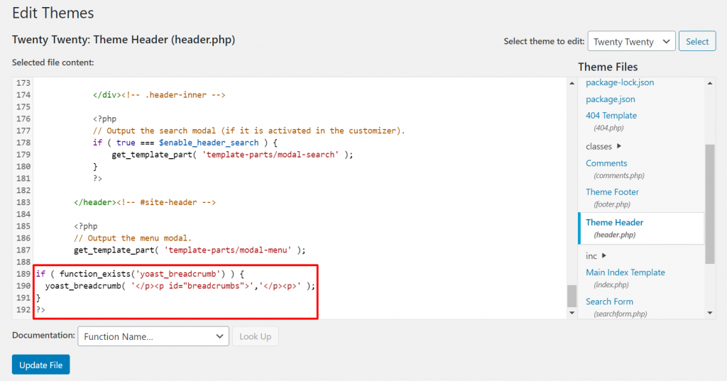 A screenshot showing how to insert the code snippet for Yoast breadcrumb