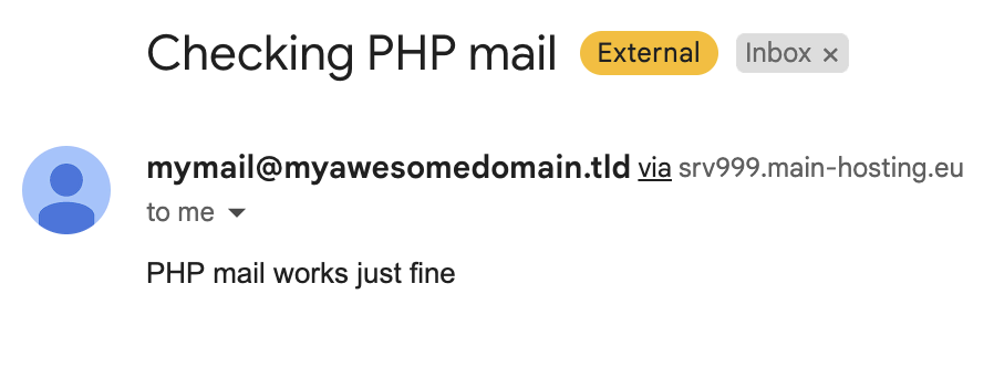 A message showcasing how a PHP email appears in Gmail