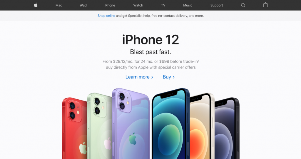 Apple's product page of iPhone 12.