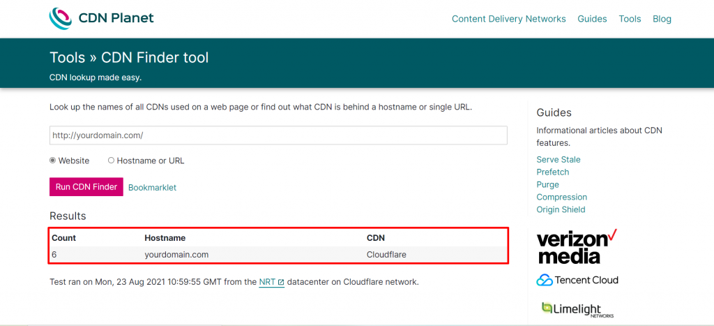 Screenshot from the CDN Finder tool showing an example of the results.
