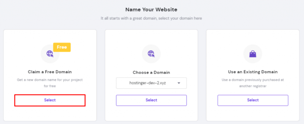 The Name Your Website screen on hPanel with the Select button under Claim a Free Domain highlighted