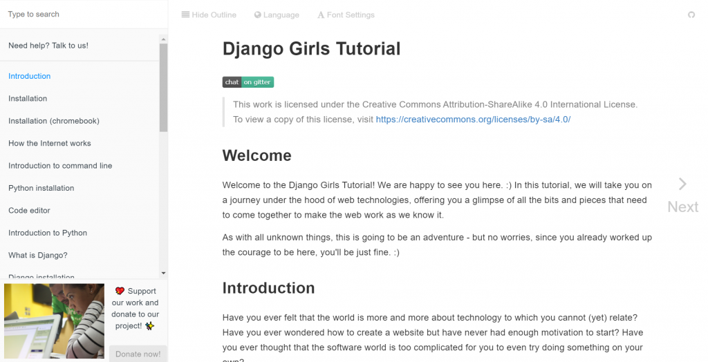 Django girls tutorial homepage.