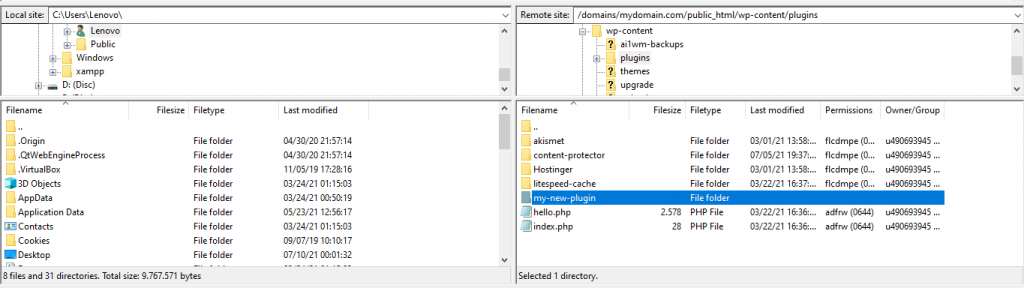 A screenshot from the FTP client showing where to create the my-first-plugin folder