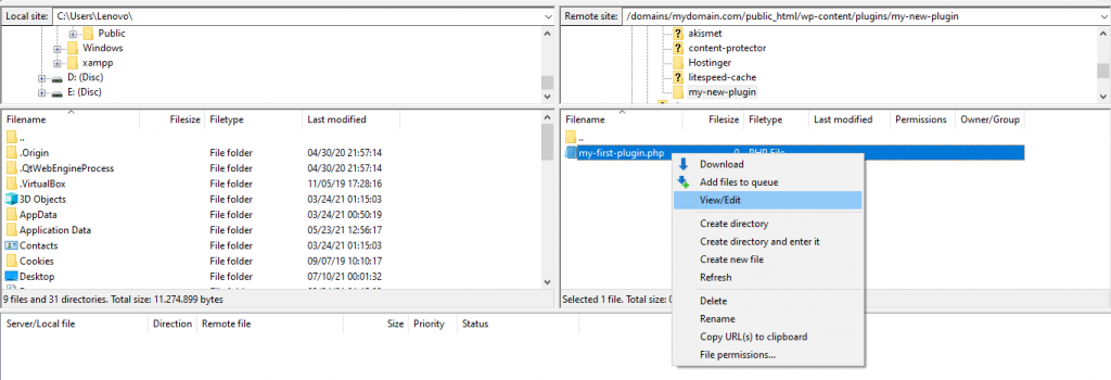 A screenshot from the FTP client showing how to view or edit your PHP file