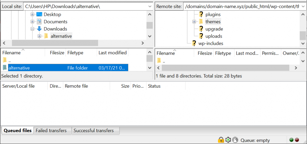 A screenshot from FileZilla showing where to find Alternative WordPress theme.