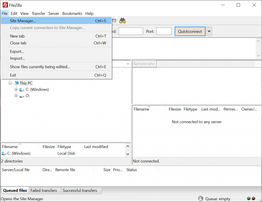 A screenshot from FileZilla showing where to find the Site Manager.