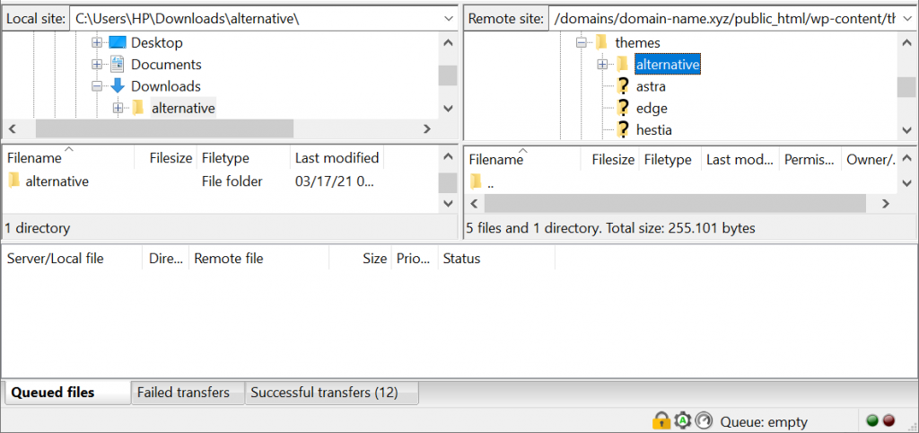 A screenshot from FileZilla showing the alternative theme's folder contained in the themes folder.