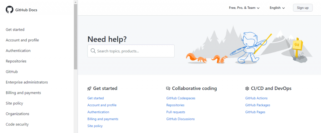 GitHub Docs website homepage