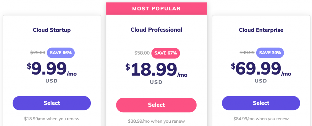 Screenshot from Hostinger's website showing its cloud hosting plans and their prices