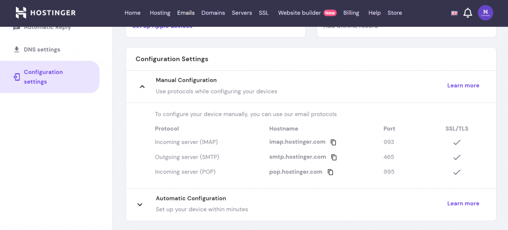 A screenshot showing where to find manual configuration settings in Hostinger's hPanel