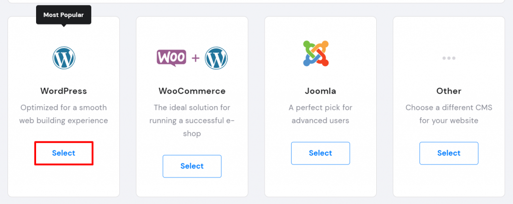Screenshot from Hostinger's hPanel showing where to choose WordPress.