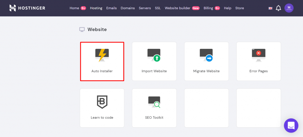 Screenshot from Hostinger's hPanel showing where to find the Auto Installer.