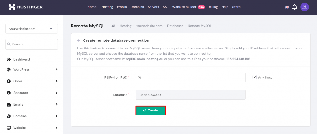 A screenshot from Hostinger's hPanel showing where to press to create a remote MySQL server