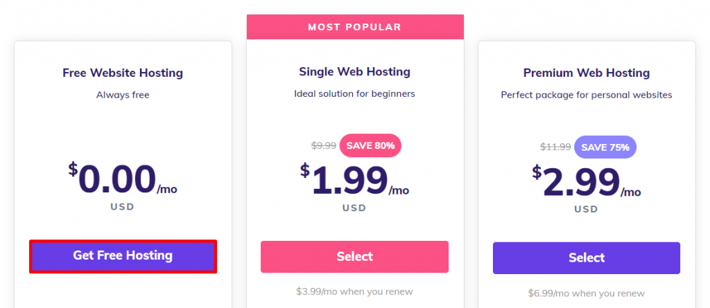 Hostinger's web hosting pricing page