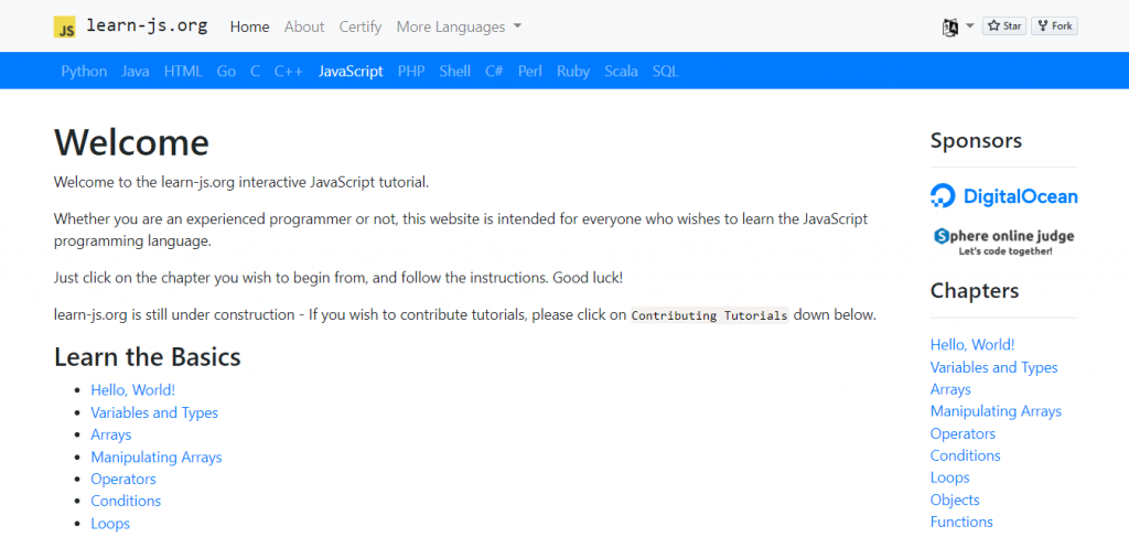 Learn-JS.org website homepage