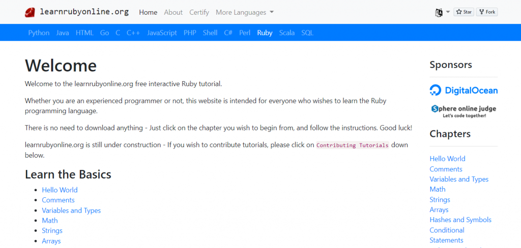 Learnrubyonline homepage