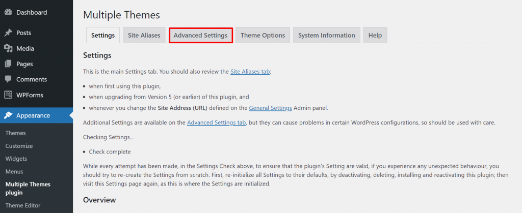 A screenshot showing Multiple Themes plugin's advanced settings.
